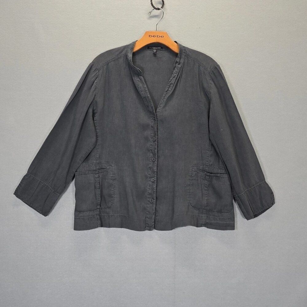 Eileen Fisher Shirt Women’s PM Gray Button Up Mandarin Collar Linen Blend
